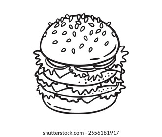 Hamburger doodle icon, burger hand drawn sign. Outline hamburger, burger line. Vector illustration