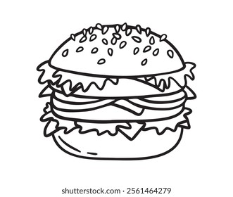 Hamburger doodle icon, burger hand drawn sign. Outline hamburger, burger line. Vector illustration