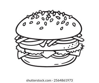 Hamburger doodle icon, burger hand drawn sign. Outline hamburger, burger line. Vector illustration