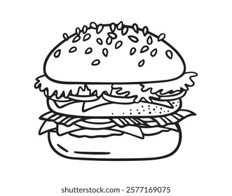 Hamburger doodle icon, burger hand drawn sign. Outline hamburger, burger line. Vector illustration