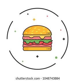 Hamburger with double meat, salad and cheese, tomatoes. Modern style vector illustration icons. 
Isolated on white background.Tasty cheeseburger. Burger with cutlet in flat-line.