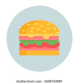 Hamburger with double meat, salad and cheese, tomatoes. Modern style vector illustration icons. 
Isolated on white background. Tasty cheeseburger. Burger with cutlet in flat.