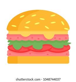 Hamburger with double meat, salad and cheese, tomatoes. Modern style vector illustration icons. 
Isolated on blue background. Tasty cheeseburger. Burger with cutlet flat.