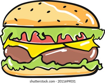 Hamburger drawing icon flat style isolated vector illustration. Colorful burger cartoon, fast food logo design