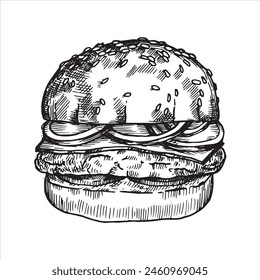 hamburguesa, dibujo en estilo boceto. gráficos en blanco y negro, grabado