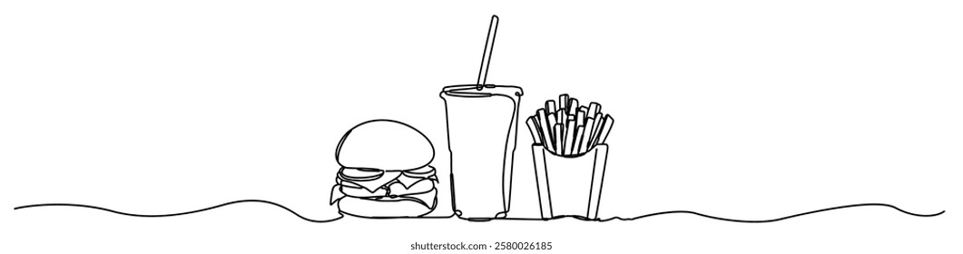 The hamburger drawn on a white background is designed with only one line. A minimalist drawing style offers a simple and effective visual.