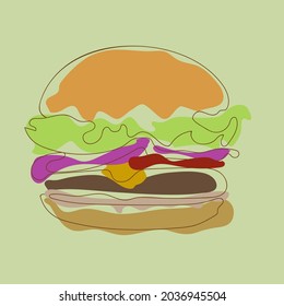 hamburger drawn in one line, abstraction, for a fast food chain, postcards, print for clothes