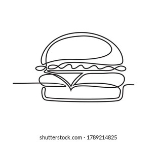 Hamburger drawn in one line on a white background. Continuous line. One continuous drawn sandwich sandwich cheeseburger hamburger line drawn from the hand a picture of the silhouette. Line art. 