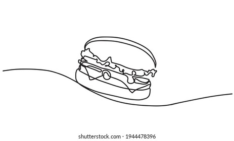 Hamburger drawn in one line on a white background. One-line drawing. Continuous line. One continuous line drawing of fresh delicious American burger restaurant logo emblem. Fast food beef burger cafe.