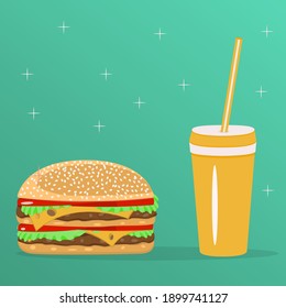 Hamburger and drink. Burger with cheese and meat on a blue gradient background. Fast food concept. Vector isolated image.