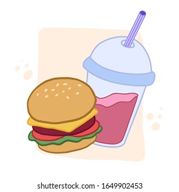 Hamburger and drink. Fast food combo. Vector color illustration in cartoon style. Flat style food drawing