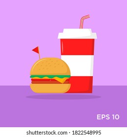Hamburger and drink flat icon Vector Illustration Logo Template