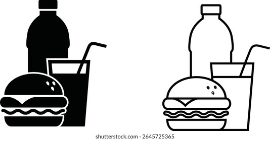 Hamburger, drink in glass, and bottle presented as a dual icon illustration on a white background