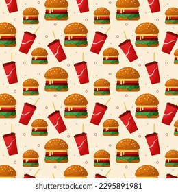 Hamburger and drink in a glass with a straw. Seamless vector pattern. Food illustration. Background for cafe or shop.