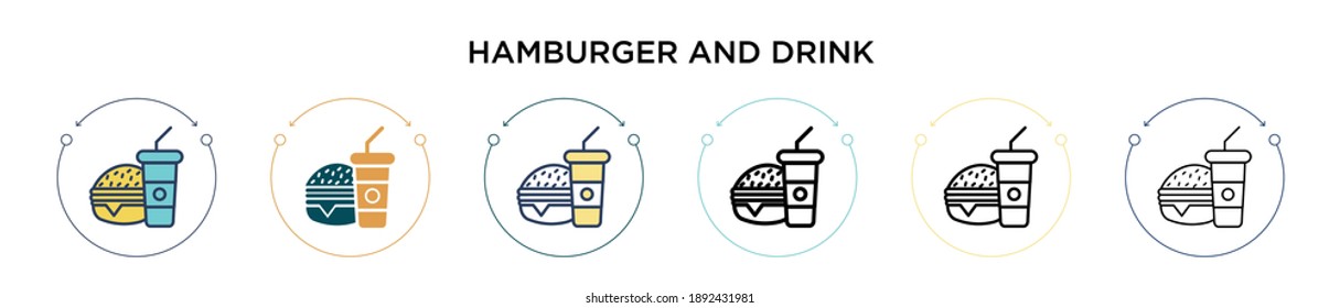 Hamburger and drink icon in filled, thin line, outline and stroke style. Vector illustration of two colored and black hamburger and drink vector icons designs can be used for mobile, ui, web