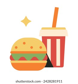 Hamburger and drink icon in flat design. American burger fast food sandwich with red paper cup and straw.