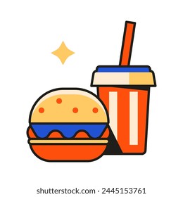 Hamburger and drink icon in flat design. American burger fast food sandwich with red paper cup and straw.