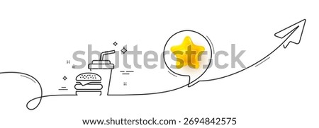 Hamburger with drink line icon. Continuous line with share plane. Fast food restaurant sign. Hamburger or cheeseburger symbol. 3d star in speech bubble. Hamburger single line ribbon. Vector