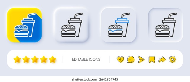Hamburger with drink line icon. Neumorphic, Flat shadow, 3d buttons. Fast food restaurant sign. Hamburger or cheeseburger symbol. Line hamburger icon. Social media icons. Vector