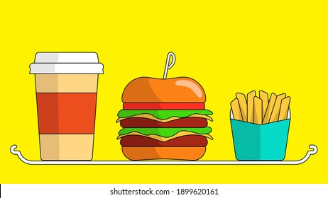 Hamburger, drink and potato set. Fast food sample illustration.