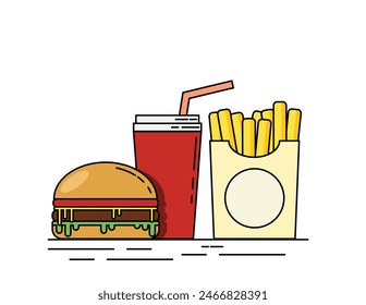 Hamburger with Drink and Potatoes Flat Line Art. Fast food industry concept vector