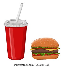 Hamburger and a drink in a red disposable cup. Vector illustration isolated on white background
