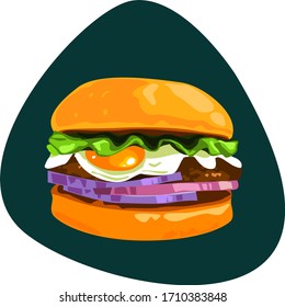 Hamburger with egg. White flour buns, onions, salad, meat cutlet. Fast food. Tasty snack. On dark background