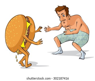 Hamburger escaping from big fat man