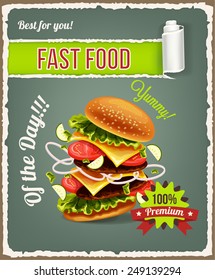 Hamburger is exploding. Vector fast food banner