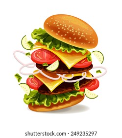 Hamburger is exploding. Vector illustration