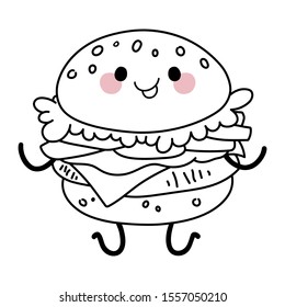Hamburger with face, arms and legs. Cute kawaii cartoon fast food. Doodle character on white background. Vector line illustration for kids design, colorings.