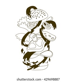 Hamburger falling in sauce splash, Vector Illustration design template with junk food in trendy linear style .