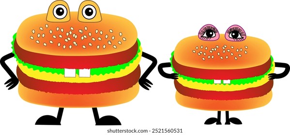 The hamburger family. Cartoon cute hamburgers in the concept of a husband and wife couple. Fast food, favorite food in the characters. Isolated on a transparent background, vector. illustration