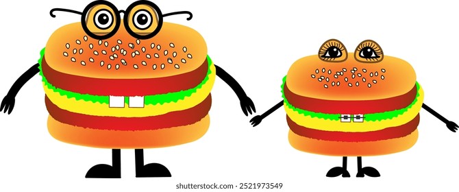 The hamburger family. Cartoon cute hamburgers in the image of a brother with glasses and a sister with braces on her teeth.My favorite dish is a fast food burger, sandwich. Transparent background.