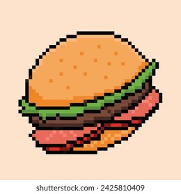 Hamburger fast food. Buns, lettuce, beef, tomatoes. Pixel bit retro game styled vector illustration drawing. Simple flat cartoon drawing isolated on square background.