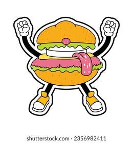 Hamburger Fast Food Character Isolated Retro Cartoon Vector