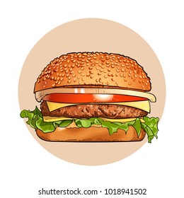 Hamburger. Fast food. Engraving vintage style. Classic Cheeseburger. Vector. Illustration