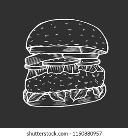 Hamburger. Fast food. Engraving vintage style. Classic Cheeseburger. Isolated on black background. Vector illustration.