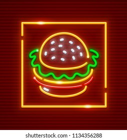 Hamburger fast food. Neon icon. EPS10 vector illustration.