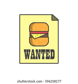hamburger, fast food, search, Wanted, search, cheese, cutlet,cheeseburger on paper, poster,announcement, vector image, flat design, outline style
