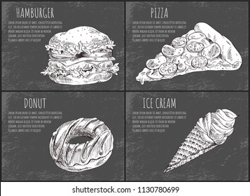 Hamburger fastfood poster desert set with Italian pizza slice, sausages and cheese. Ice cream monochrome sketches outline donut vector illustration
