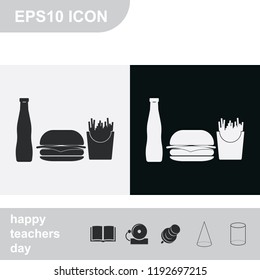 Hamburger flat black and white vector icon. French fries and beverage illustration.