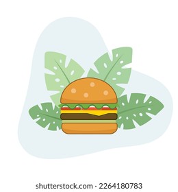 Hamburger flat design vector Illustration Icon decorated with leaves for web use for fast food, burger, meal, lunch.