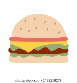 Hamburger Flat icon on White background. Burger with Salad, Tomatoes, Cheese and Cutlet. Fast food. Vector Cartoon illustration. Meal for Picnic, BBQ. Eating Concept. Design art, Graphic object.