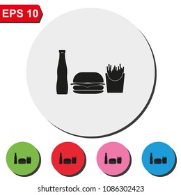 Hamburger flat round colorful vector icon. French fries and beverage illustration.
