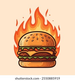 Hambúrguer plana vetor arte ilustração e Fogo no fundo