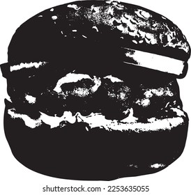 Hamburger Flat Vector Icon, Silhouette Sign, Fast Food Icon, Flat Style Chicken Burger Icon, Grunge Style Bun, Brush Burger Vector Symbol, Isolated on White Background