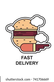 hamburger flies in the clouds, fast delivery, jet food, vector image, colored icon,outline style
