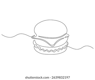 Hamburger food continuous line. Continuous one line drawing of burger. Fast food concept. Single line drawing