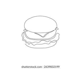Hamburger food continuous line. Continuous one line drawing of burger. Fast food concept. Single line drawing